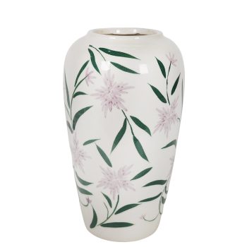 CERAMIC VASE TALL TAPERED SHOULDERS STARBURST WILDFLOWER PRINT 13.5" H CREAM/LAVENDER