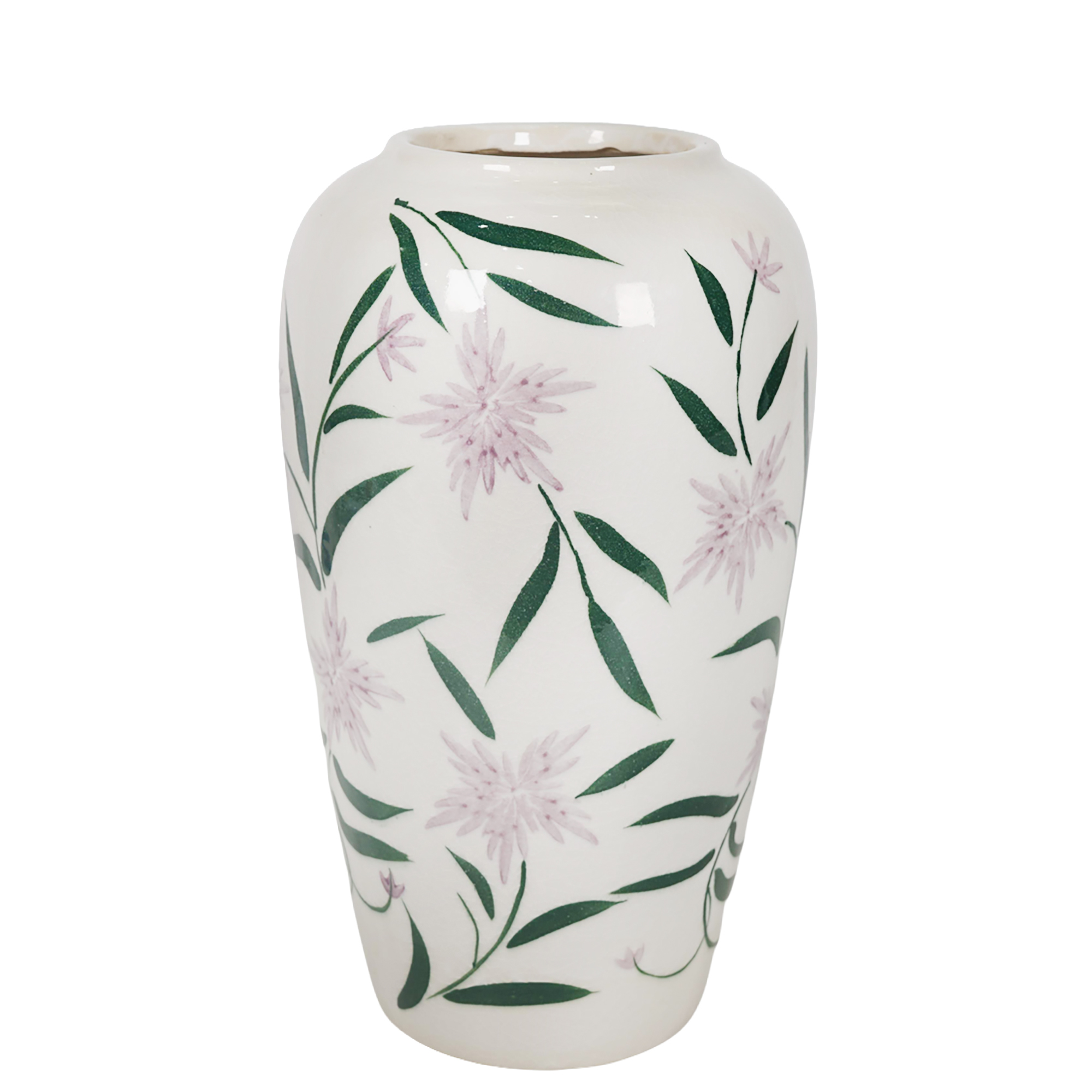 CERAMIC VASE TALL TAPERED SHOULDERS STARBURST WILDFLOWER PRINT 13.5" H CREAM/LAVENDER