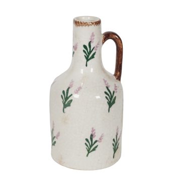 CERAMIC BOTTLE VASE RUSTIC NARROW NECK W/HANDLE LAVENDER SPRIG PRINT 8.5" H CREAM