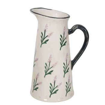 CERAMIC JUG/PITCHER VASE FLARED SPOUT W/BLACK HANDLE LAVENDER SPRIG PRINT 11" H CREAM
