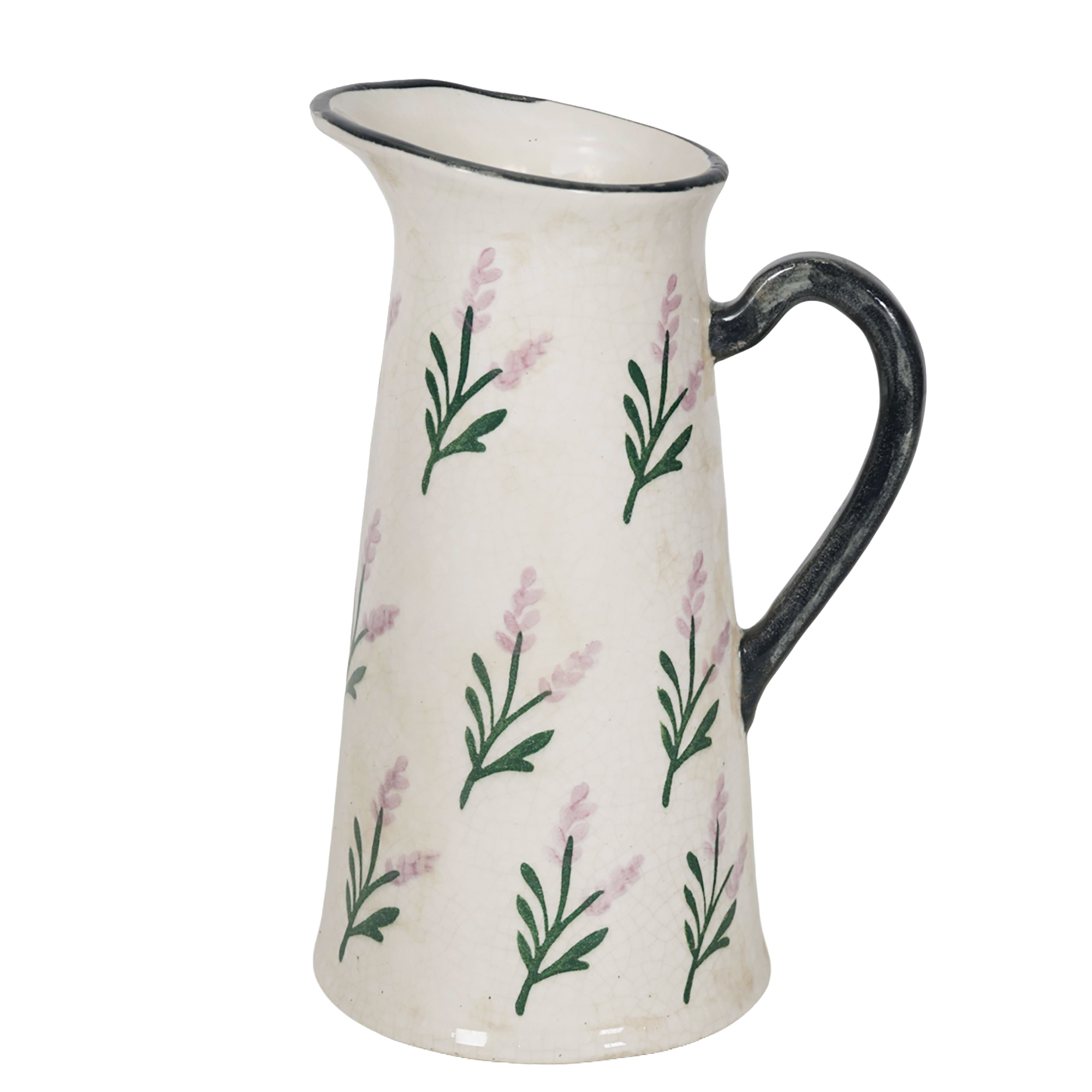 CERAMIC JUG/PITCHER VASE FLARED SPOUT W/BLACK HANDLE LAVENDER SPRIG PRINT 11" H CREAM