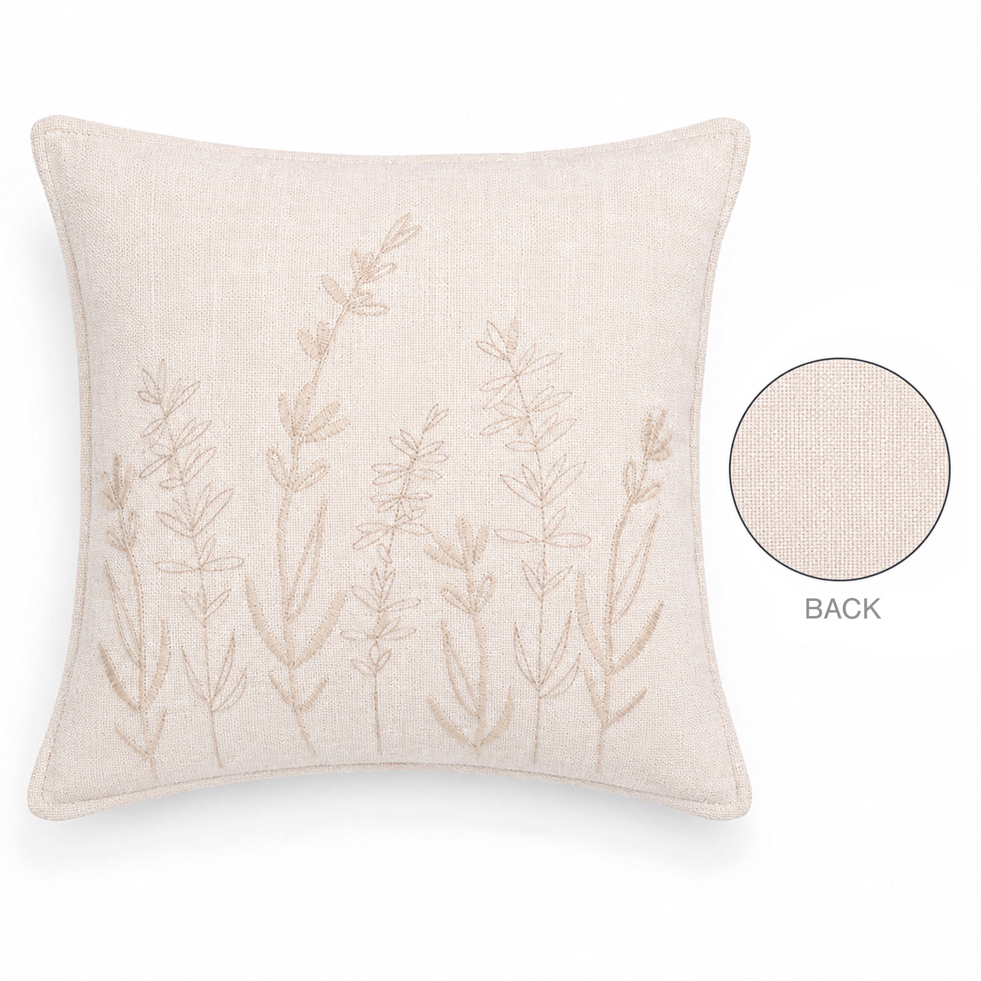 CUSHION DECORATIVE I/D PLANT EMBROIDERED 17"X17" BEIGE MIXED COTTON/POLYESTER 400G FILLER PILLOW