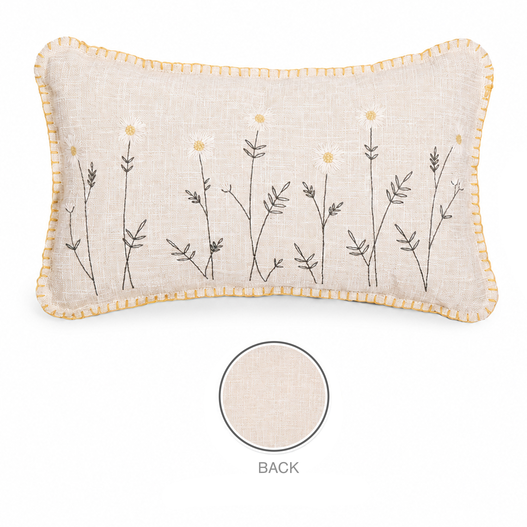 CUSHION DECORATIVE I/D DAISY EMBROIDERED 20"X12" NATURAL+YELLOW POLYESTER 300G FILLER PILLOW