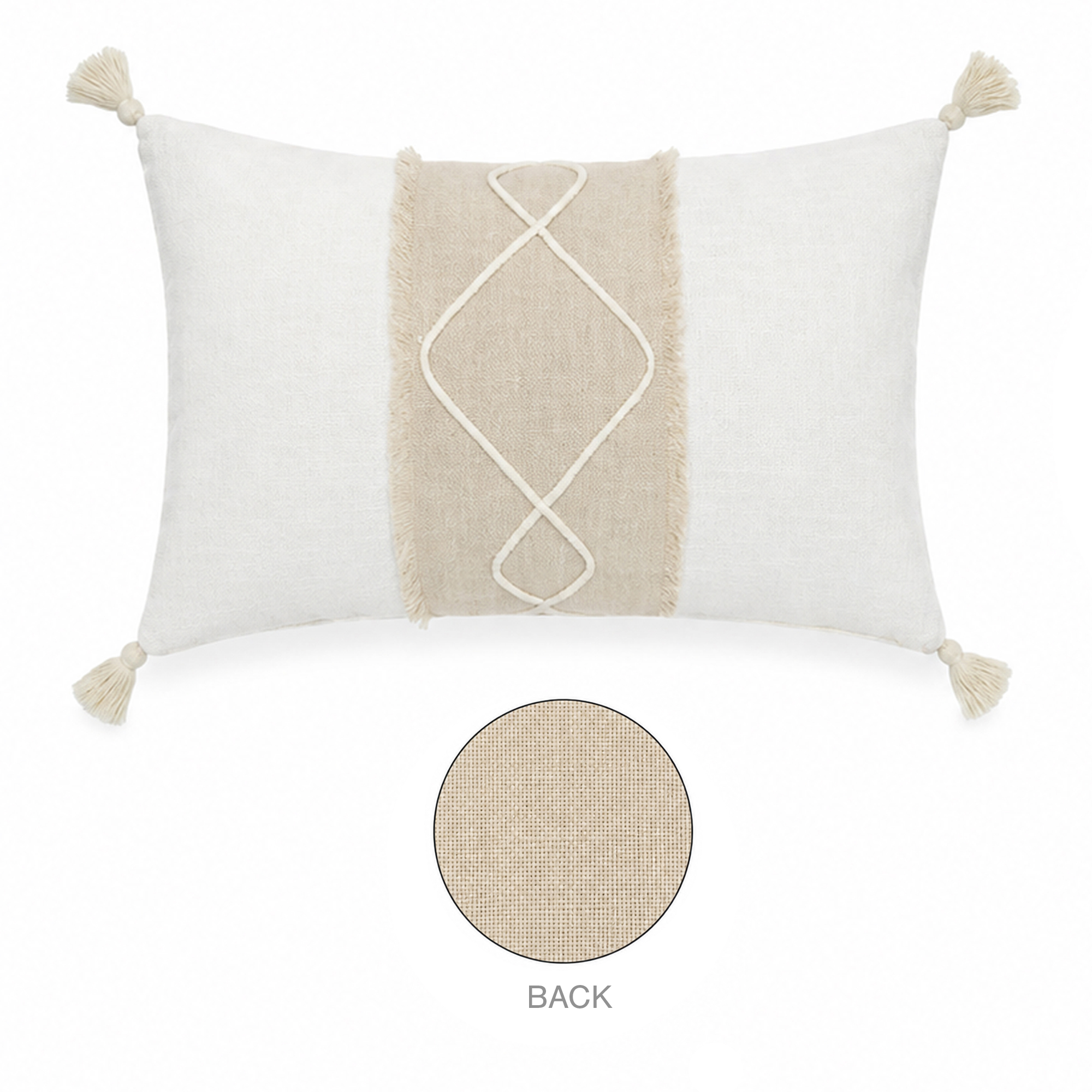 CUSHION DECORATIVE I/D YARN-DYED FRAYED EDGE TASSELS 20"X12" WHITE+BEIGE POLYESTER 300G FILLER PILLOW