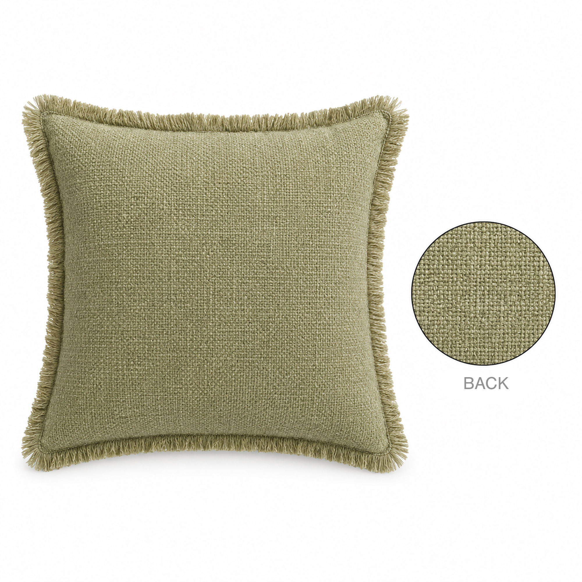 CUSHION DECORATIVE I/D FRAYED EDGE 20"X20" OLIVE MIXED LINEN/POLYESTER W/550G POLYESTER FILLER PILLOW