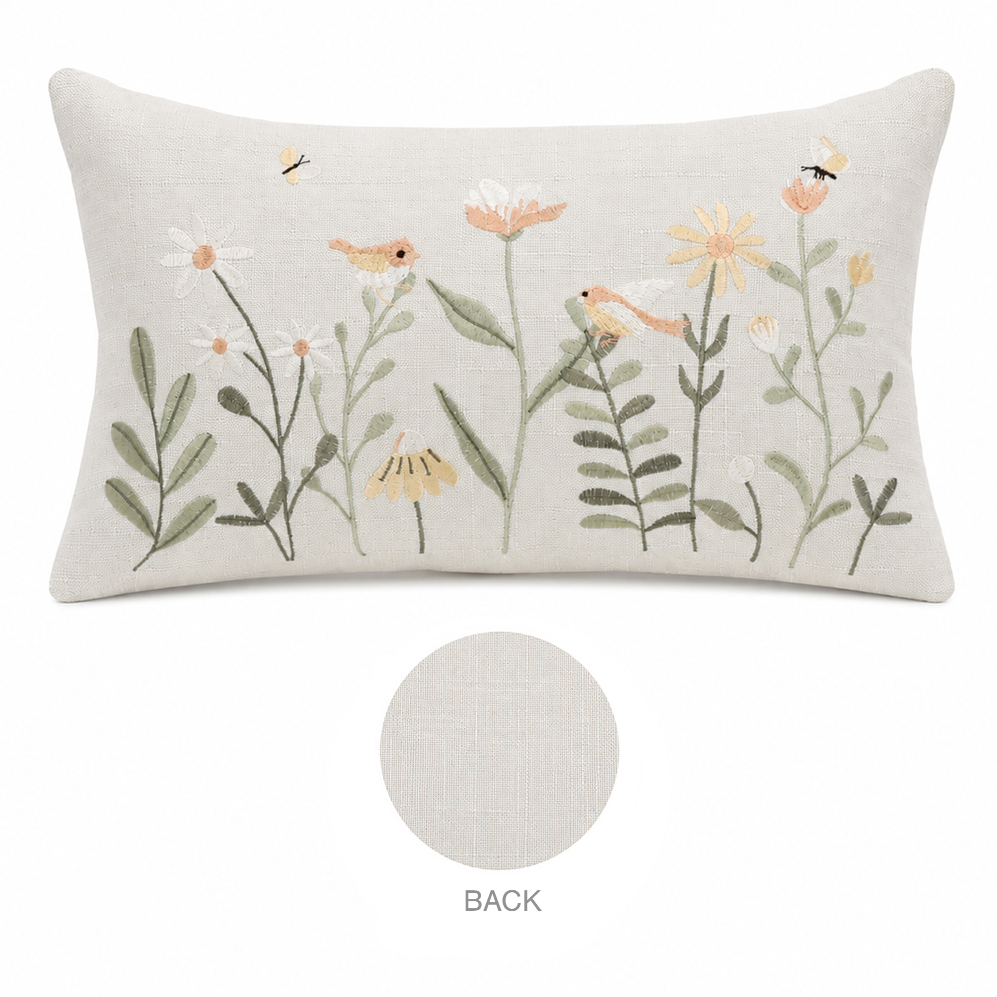 CUSHION DECORATIVE I/D BIRD/FLORAL EMBROIDERED 20"X12" GREEN POLYESTER 300G FILLER PILLOW