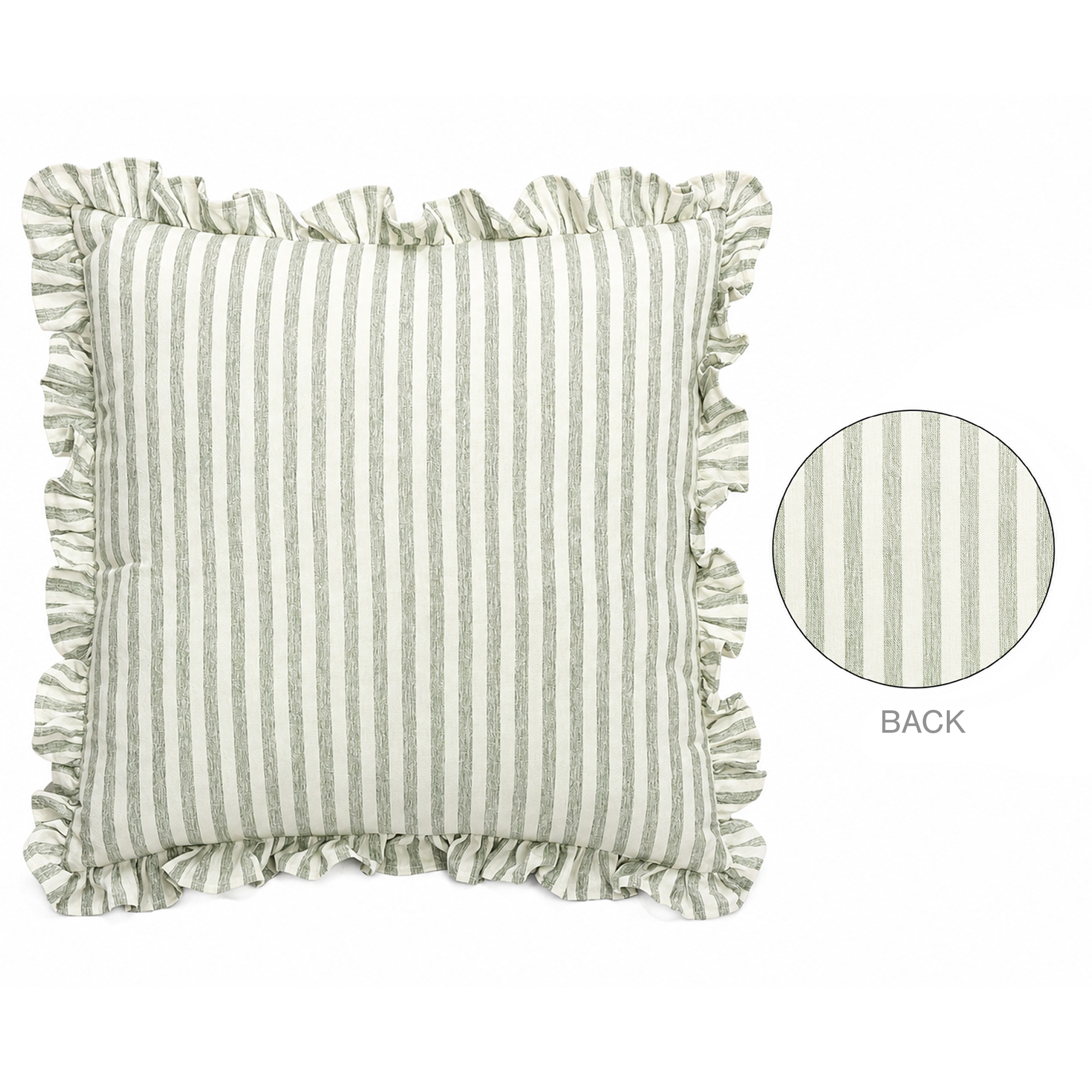 CUSHION DECORATIVE I/D RUFFLES STRIPE 17"X17" GREEN MIXED COTTON/LINEN 400G FILLER PILLOW