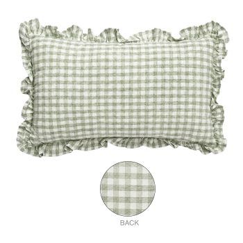 CUSHION DECORATIVE I/D RUFFLES CHECK 20"X12" GREEN MIXED COTTON/LINEN 300G FILLER PILLOW
