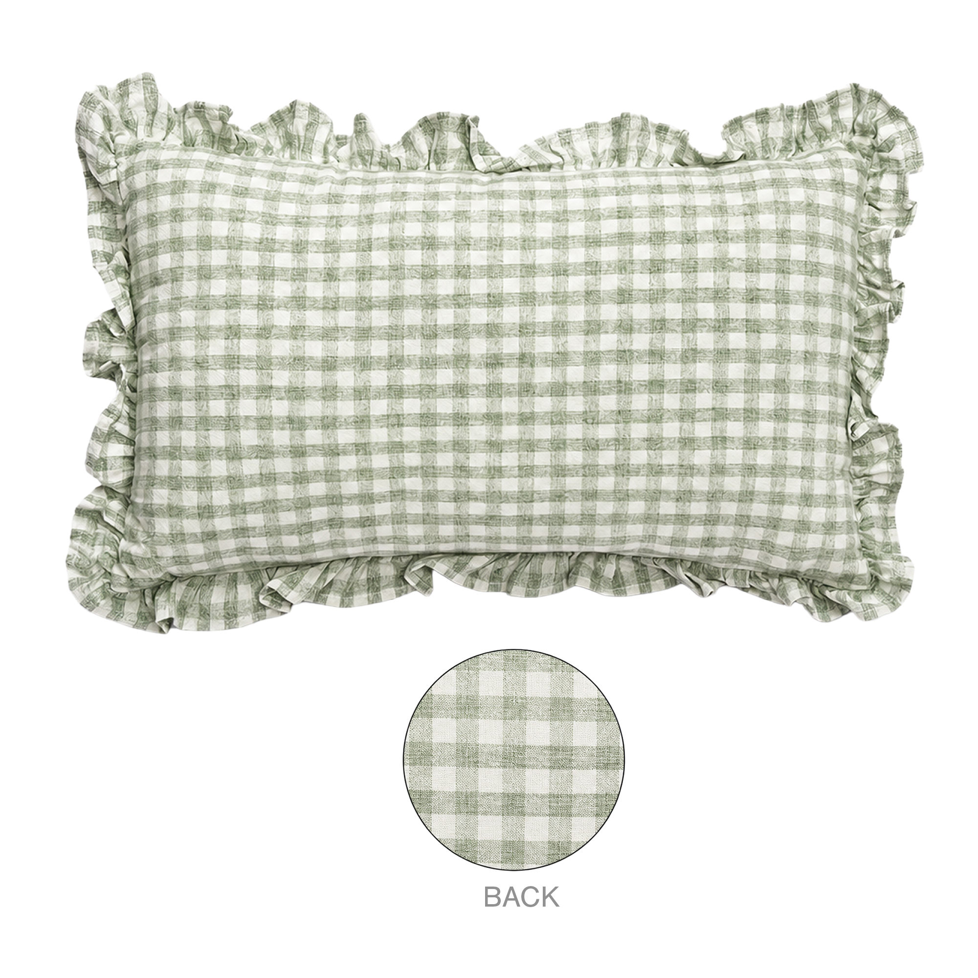 CUSHION DECORATIVE I/D RUFFLES CHECK 20"X12" GREEN MIXED COTTON/LINEN 300G FILLER PILLOW