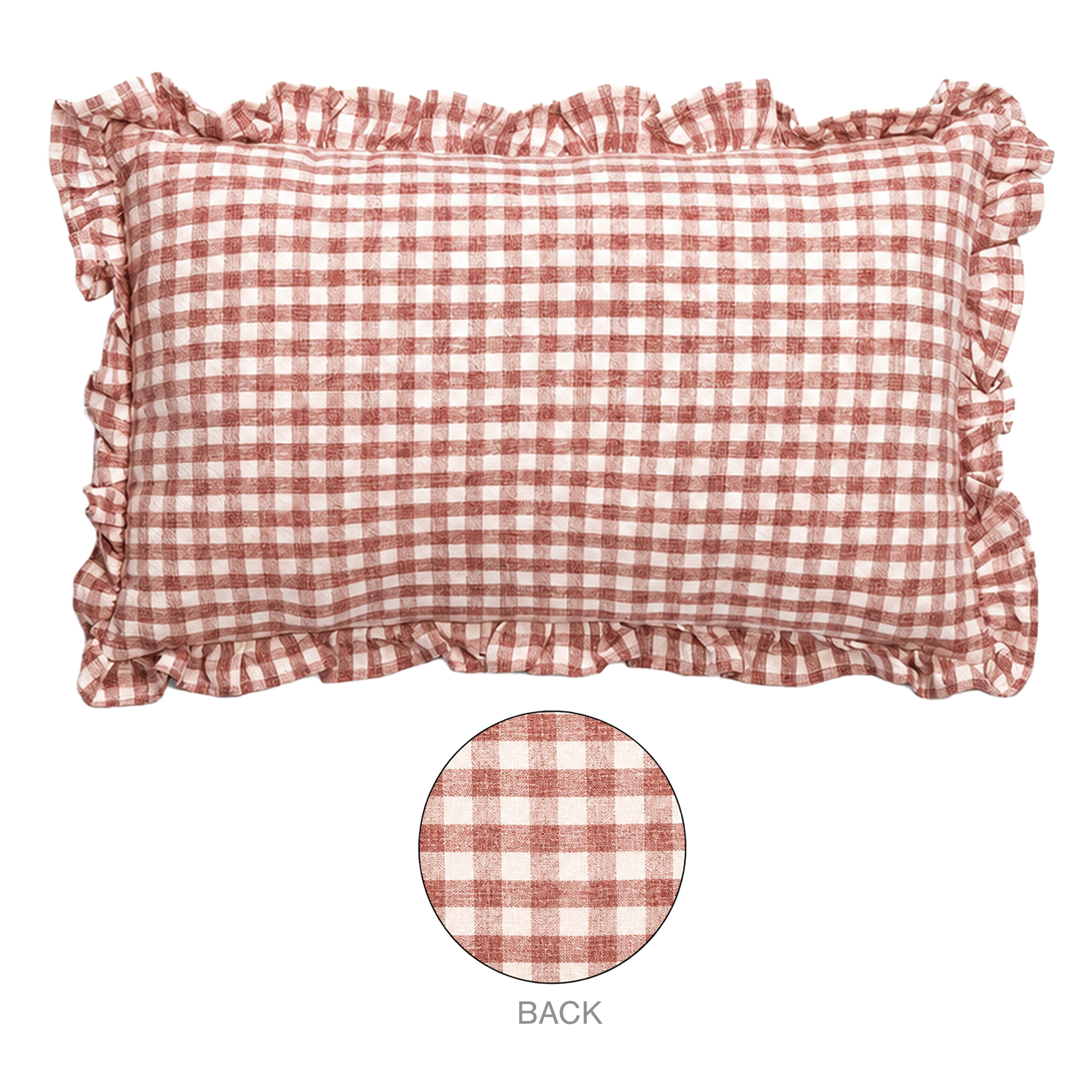 CUSHION DECORATIVE I/D PINK CHECK RUFFLE EDGE 20"X12" POLYESTER 300G FILLER PILLOW