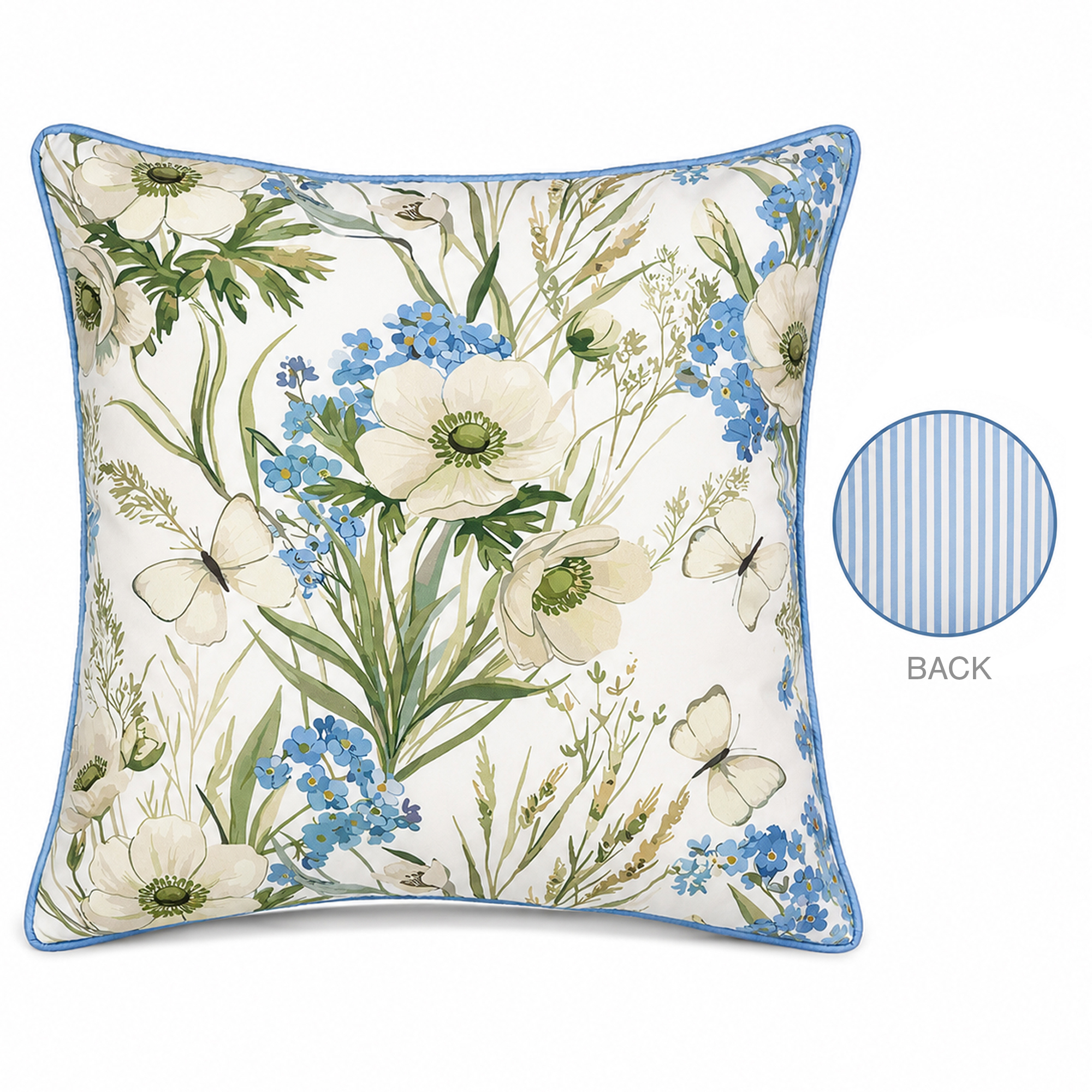 CUSHION DECORATIVE O/D BLUE CREAM BIRD/FLORAL PRINT 18"X18" POLYESTER 400G FILLER PILLOW