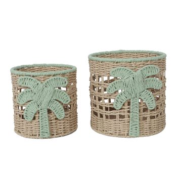 PAPER ROPE BASKET 2PC 10"H & 8.25"H NATURAL/GREEN