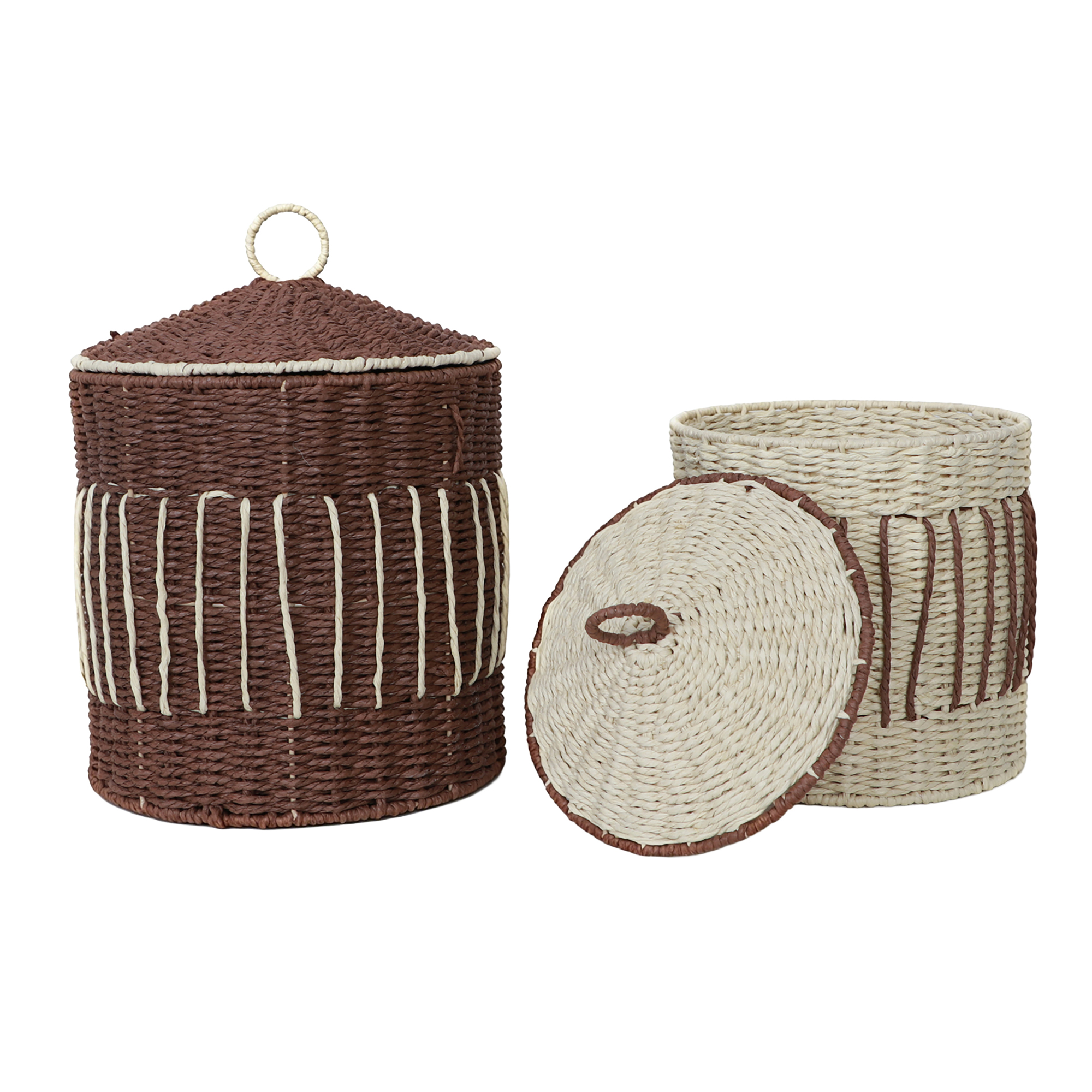 TWO TONE PAPER ROPE WOVEN BASKET 13.5"H 2PC BROWN/CREAM