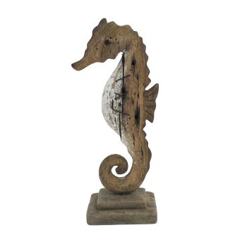 WOOD TABLE DECOR SEA HORSE 13.75" NATURAL/WHITE WASH FIN