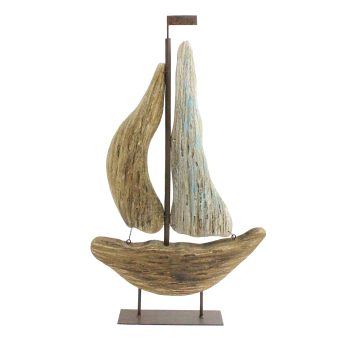 WOOD TABLE DECOR SAIL BOAT 17"H NATURAL/WHITE WASH FIN.