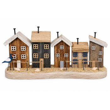SEASIDE ROW HOMES X5 14"X6"H ASST. COLOR SAND BASE W/ROPE RAILING