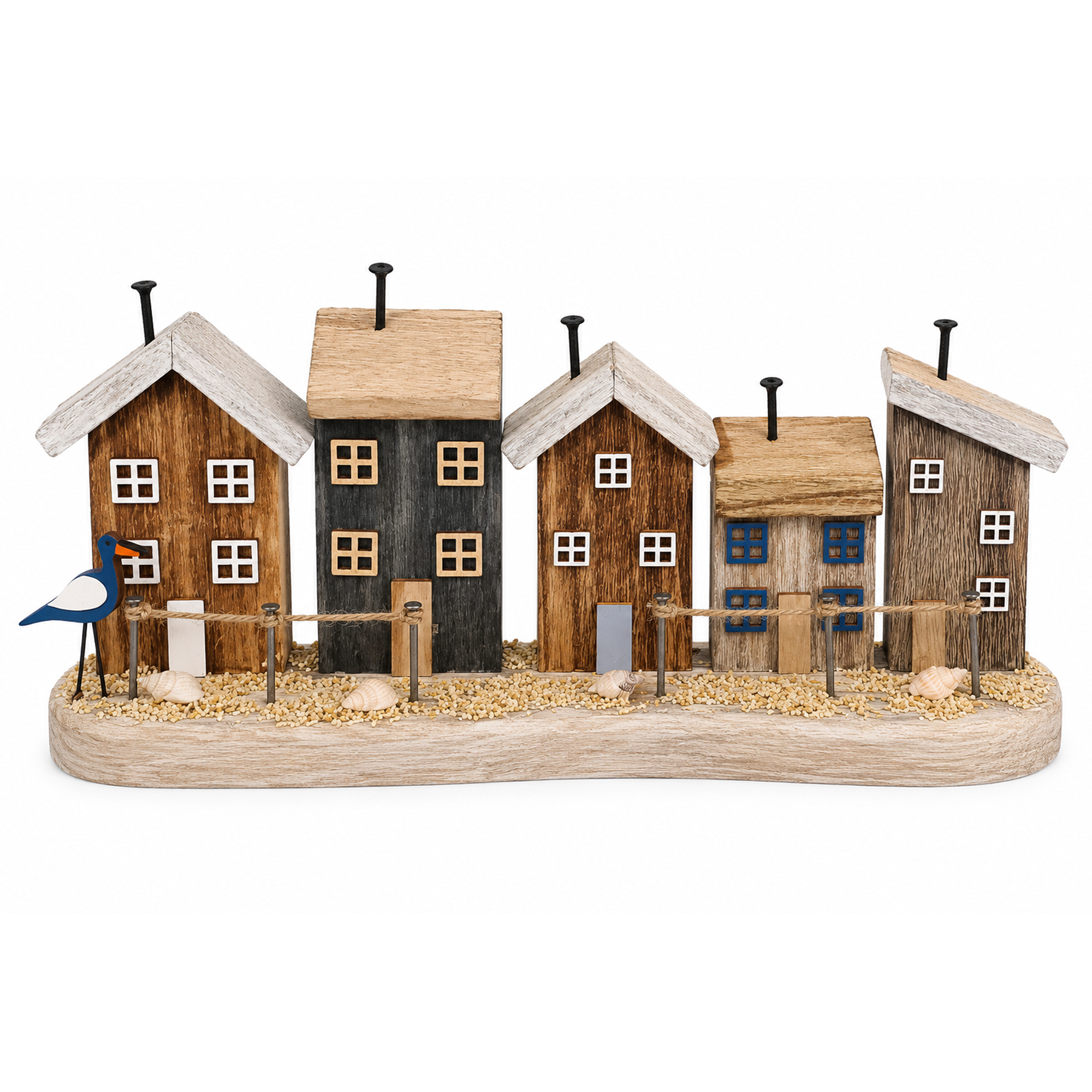 SEASIDE ROW HOMES X5 14"X6"H ASST. COLOR SAND BASE W/ROPE RAILING