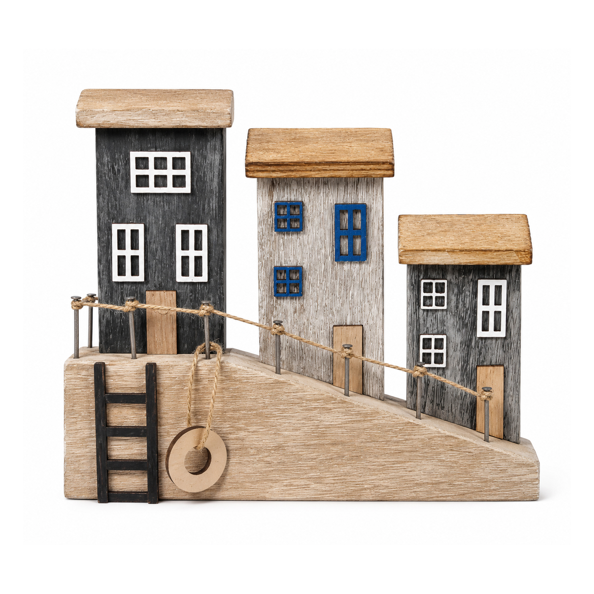 SEASIDE ROW HOMES X3 9.5"X8.5"H ASST. COLOR LADDER AND ROPE ACCENT W/SAND BASE