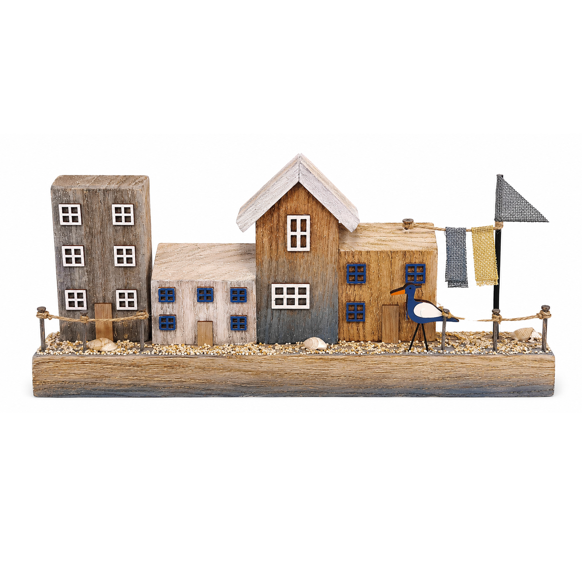 SEA SIDE ROW HOMES X4 15"X7"H ASST, COLOR SAND BASE W/CLOTHSLINE