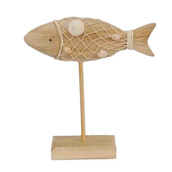FISH ON STAND WOOD 9"X10.5" W/SEA SHELLS AND NETTING NATURAL BROWN