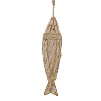 FISH HANGING 8.5"H WOODEN WHITE NATURAL W/NETTING