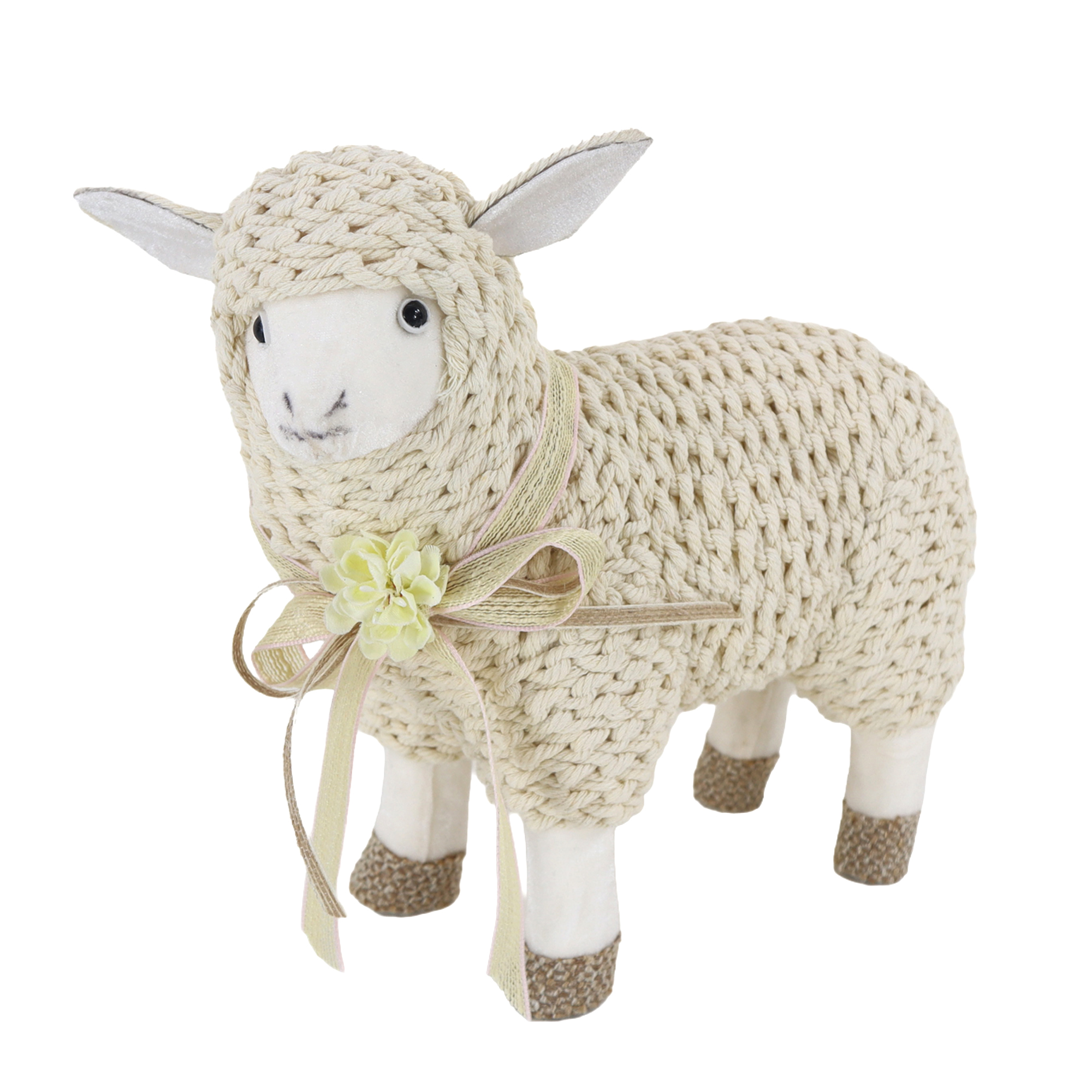 SHEEP STANDING 11.8"X10"H WOVEN ROPE-CRAFT WITH FLOWER RIBBON & BURLAP HOOVES